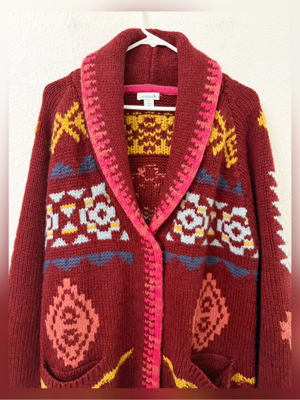 Rare Sundance Tayen Sweater Coat Cozy Burgundy Boho Patterned Size LP